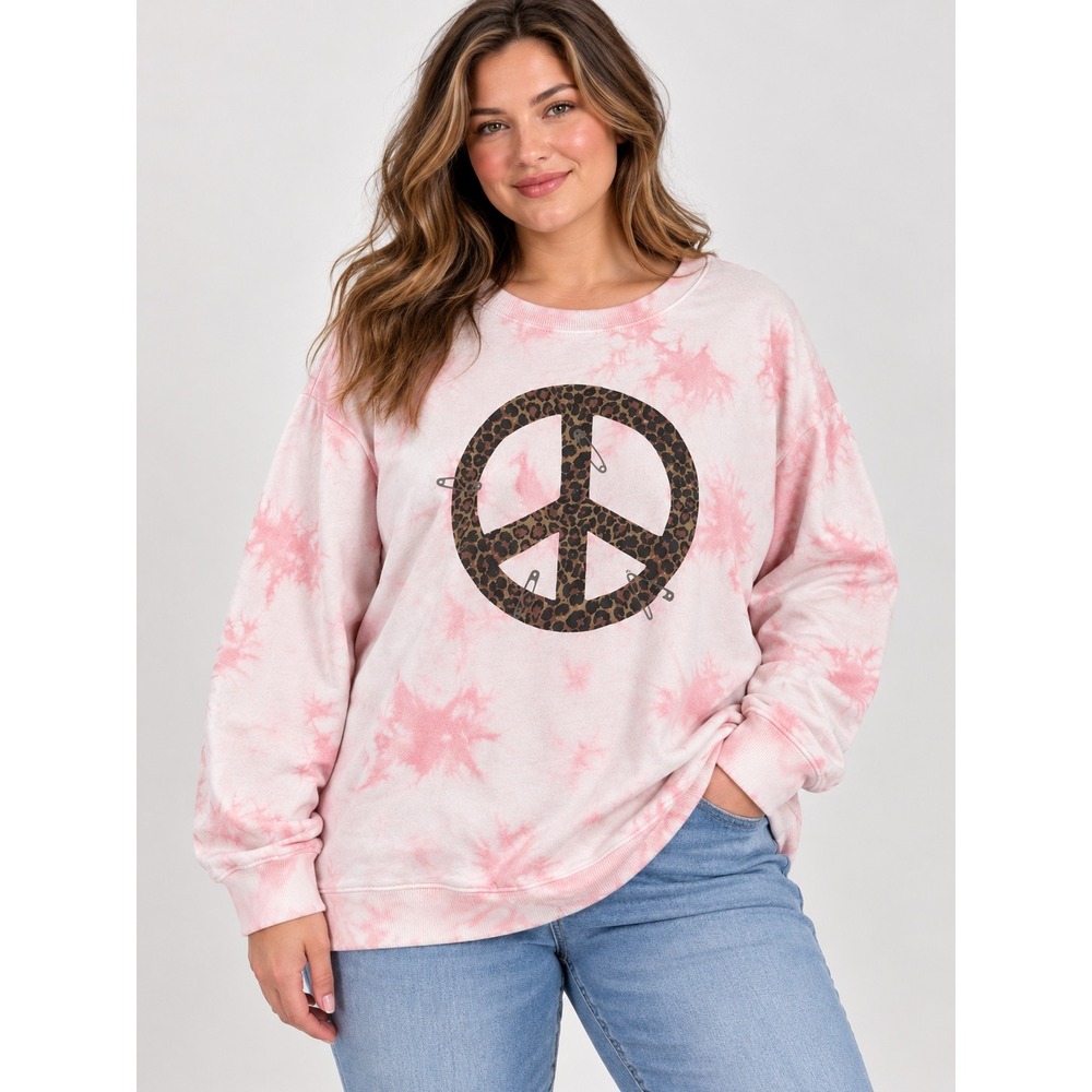 Torrid Pink Tie Dye Leopard Peace Sign Safety Pin Sweatshirt Size 2 Plus 2X